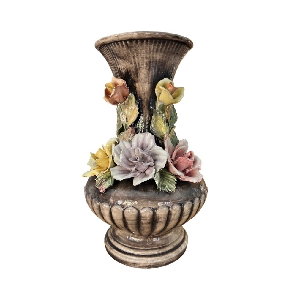 Bassano Italy Vintage Ceramic Floral Vase 3D Applied Roses Hand Painted 14.5"